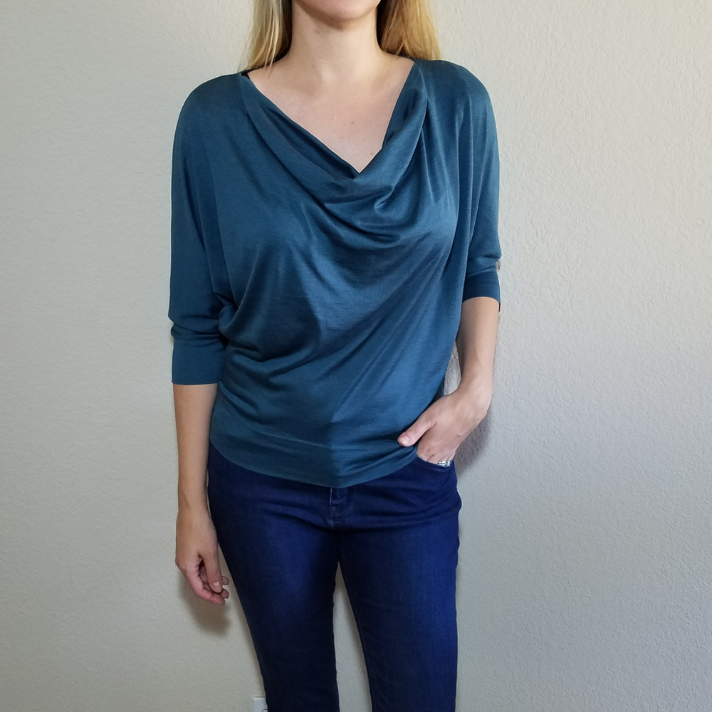 Eileen Fisher Silk Blue Top Cowl Neck 3/4 Sleeve Cotton Women's Teal Blouse XS - Picture 2 of 6